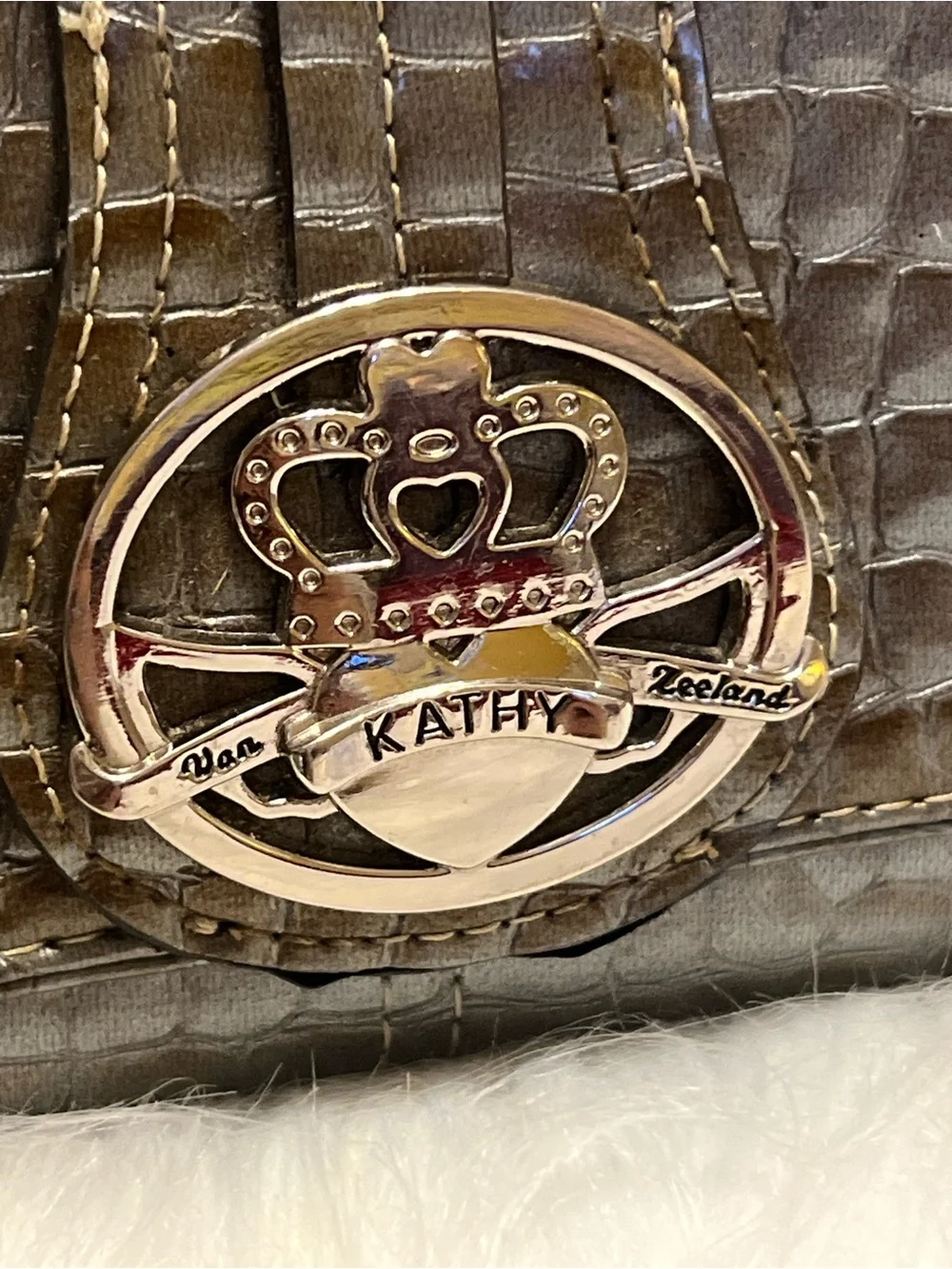 Kathy Van Zeeland Y2k Metallic Croc-Embossed Gray Wallet Clutch with Crest